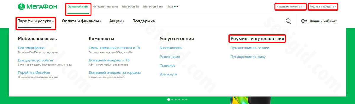 Выбор населённого пункта. Разделы «Частным клиентам» и «Основной сайт». Переход к категории роуминговых опций на сайте «МегаФона» во вкладке «Тарифы и услуги»