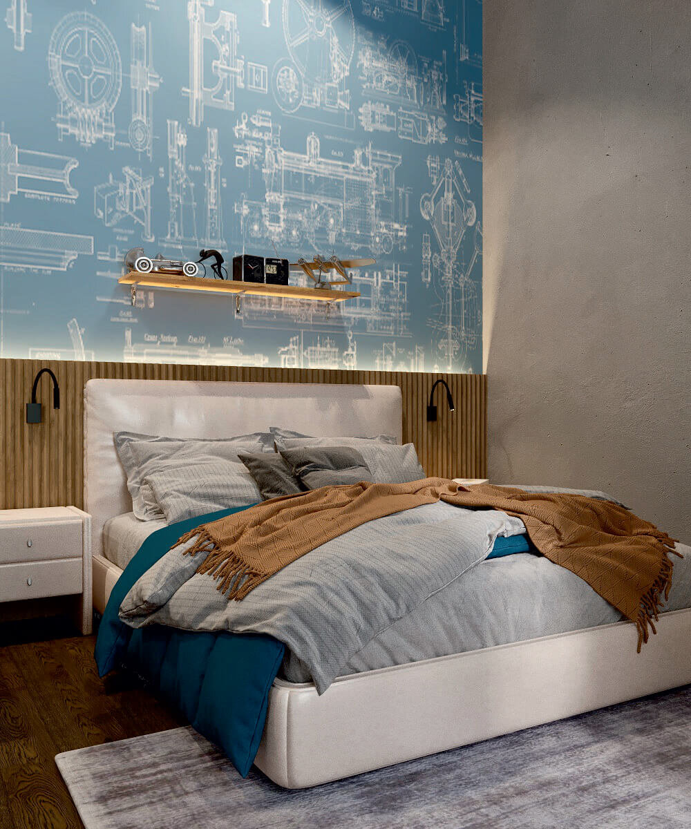 Кровать рядом с декоративной стеновой панелью фото 1