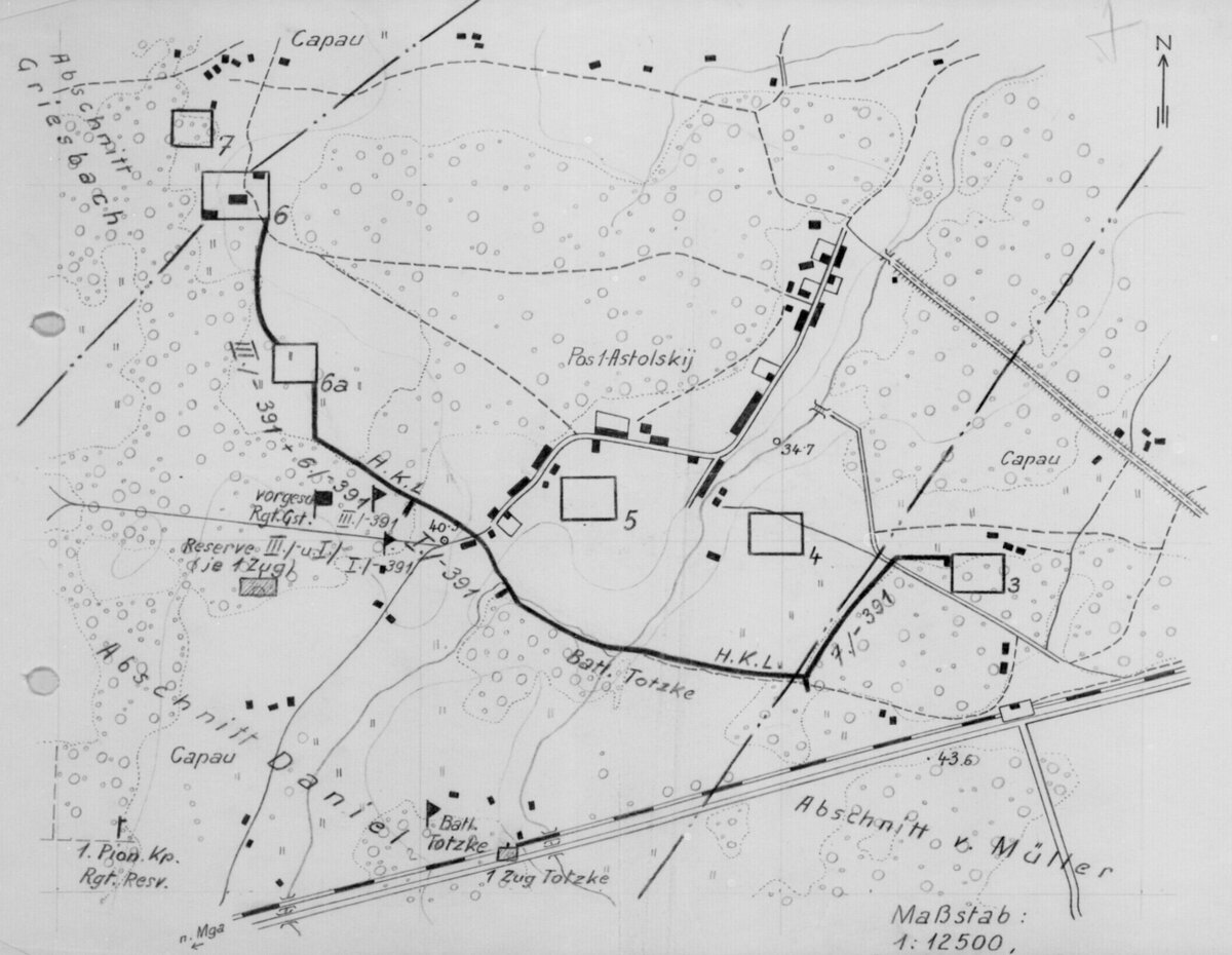 Для наглядности, как всегда, единственная имеющаяся у нас в распоряжении схема участка 391-го полка. Указаны опорные пункты с их номерами.