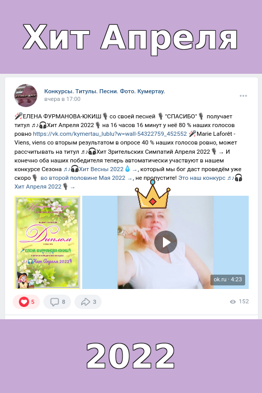 🎤ЕЛЕНА ФУРМАНОВА-ЮКИШ🎙со своей песней 🎙"СПАСИБО"🎙 получает титул ♫♪🎧Хит Апреля 2022🎙на 16 часов 16 минут у неё 80 % наших голосов ровно https://vk.com/kymertau_lublu?w=wall-54322759_452552 🎤Marie Laforêt - Viens, viens со вторым результатом в опросе 40 % наших голосов ровно, может рассчитывать на титул ♫♪🎧Хит Зрительских Симпатий Апреля 2022🎙→ И конечно оба наших победителя теперь автоматически участвуют в нашем конкурсе Сезона ♫♪🎧Хит Весны 2022💧→, который мы бог даст проведём уже скоро🎙 во второй половине Мая 2022 →, не пропустите! Это наш конкурс ♫♪🎧Хит Апреля 2022🎙→
