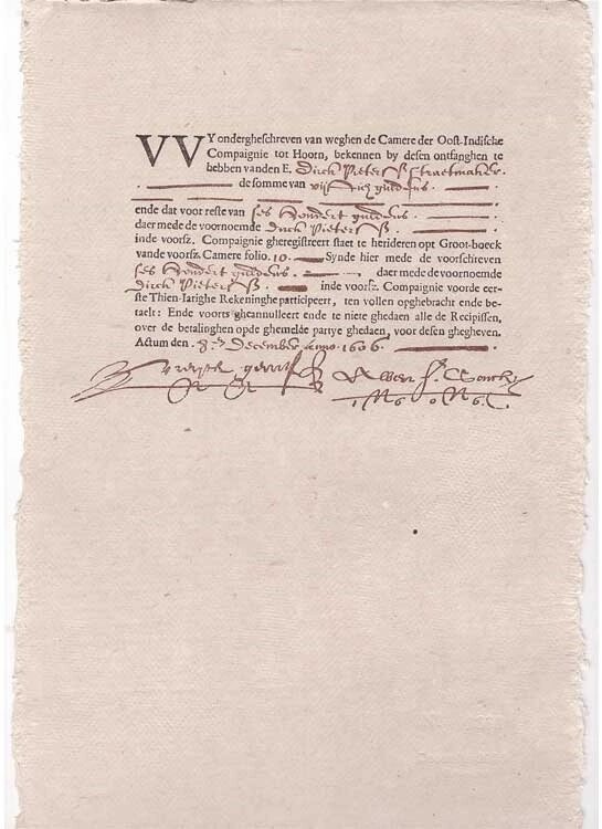 Старейший в мире биржевой сертификат, выданный Голландской Ост-Индской компании в 1606 году.

   