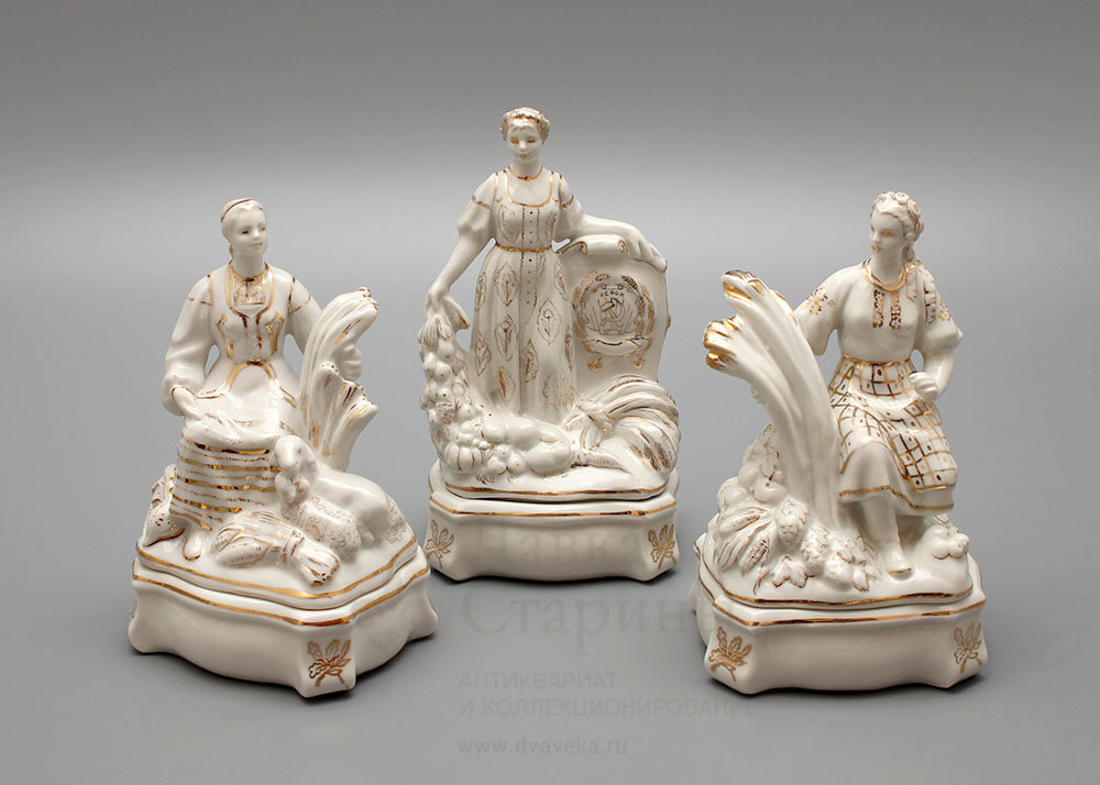 Комплект шкатулок, туалетных коробочек «Украина, Россия, Белоруссия», Дулевский фарфоровый завод, 1956 год, скульптор Малышева Н. А., фарфор, золочение