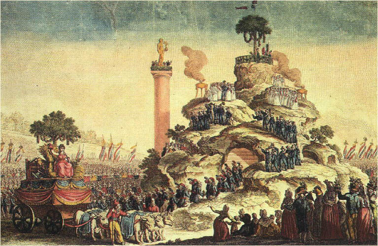 Праздник Верховного Существа 8 июня 1794 г. в Париже богиню Свободы везут из храма Разума (Нотр-дам-де Пари) на Марсово поле. В центре поля у колонны с богом Марсом воздвигнут холм с этрусскими гробницами, курящимся жертвенником и Мировым древом