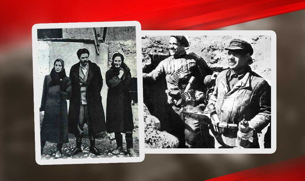 Слева: тюремный двор - в центре Молодцов (Бадаев), слева Тамара Межигурская, справа Тамара Шестакова, май 1942 года, справа: Партизаны, выбравшиеся на поверхность