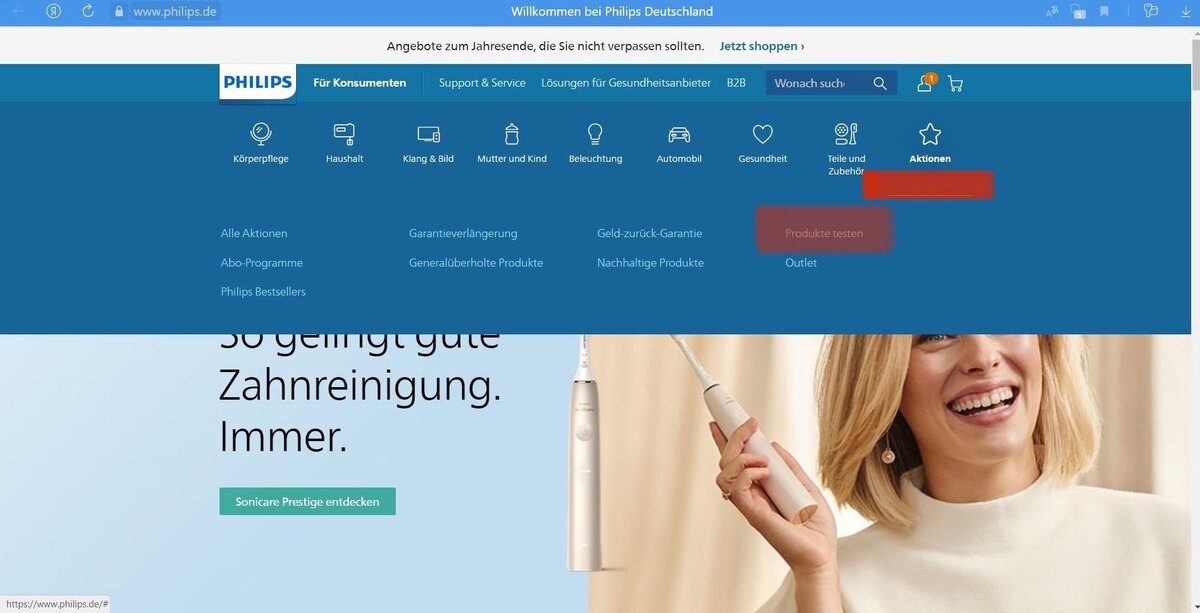 вкладка с тестом продуктов на сайте Phillips