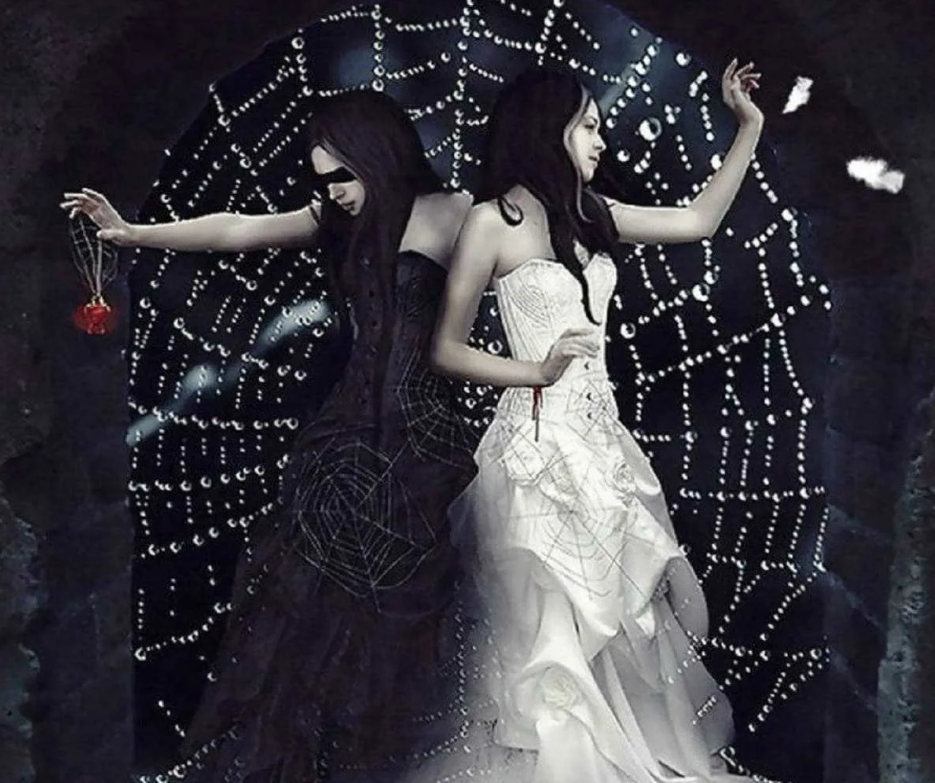 Белая магия телефоны. Темная и светлая сторона человека. Две девушки в черном и белом платье. Темная и светлая сторона души.
