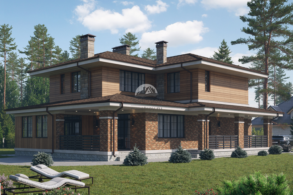 Проект двухэтажного дома  224.2 м2 в европейском стиле с террасой и верандой - KVR-66