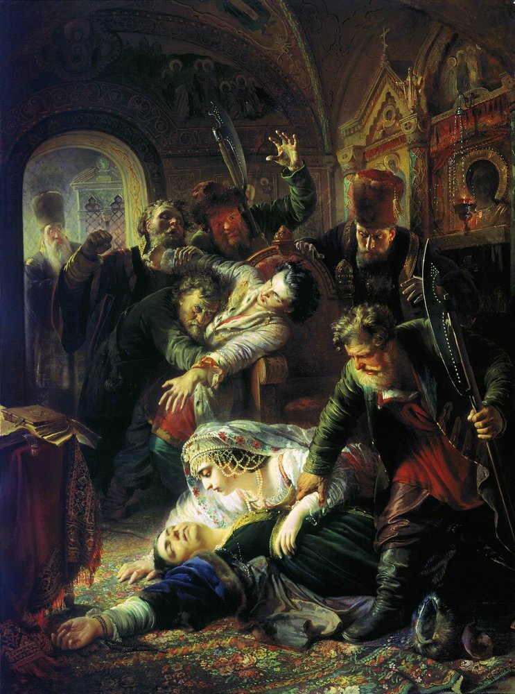 Агенты Дмитрия Самозванца убивают сына Бориса Годунова. Маковский К.Е., 1862 год. Государственная Третьяковская галерея