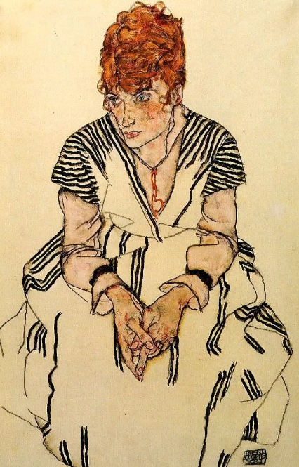 Эгон Шиле. Портрет сестры художника в полосатом платье.