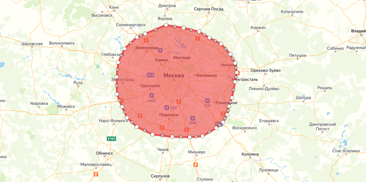 Выделенная область - примерно 50-60 км от МКАД.