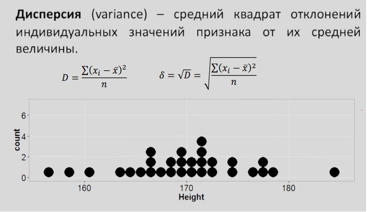 дисперсия (variance), 
среднеквадратическое отклонение (standard deviation)