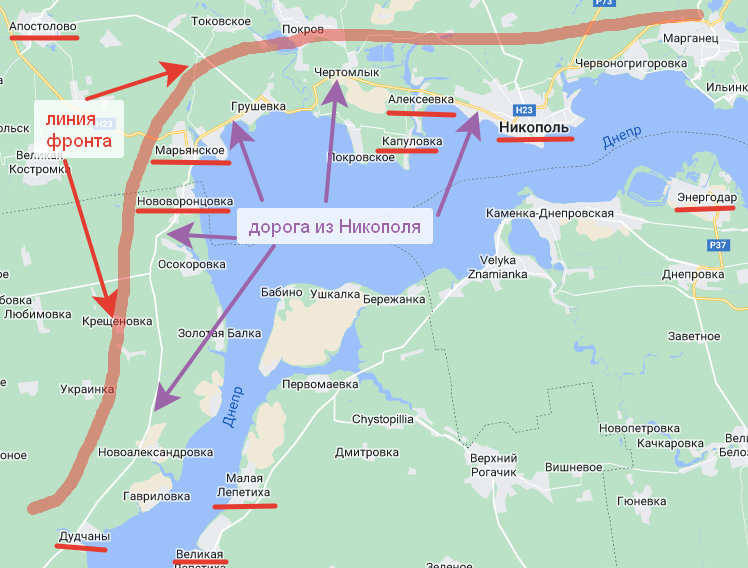 Линия фронта вдоль прибрежной дороги из Никополя. Рисунок Автора