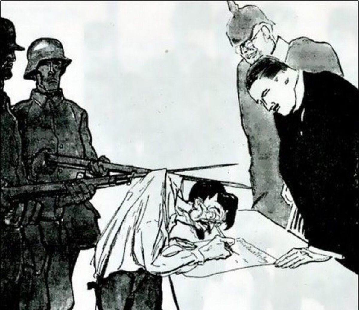 Троцкий подписывает Брестский мир на немецких штыках. Фрагмент карикатуры 1918 года.