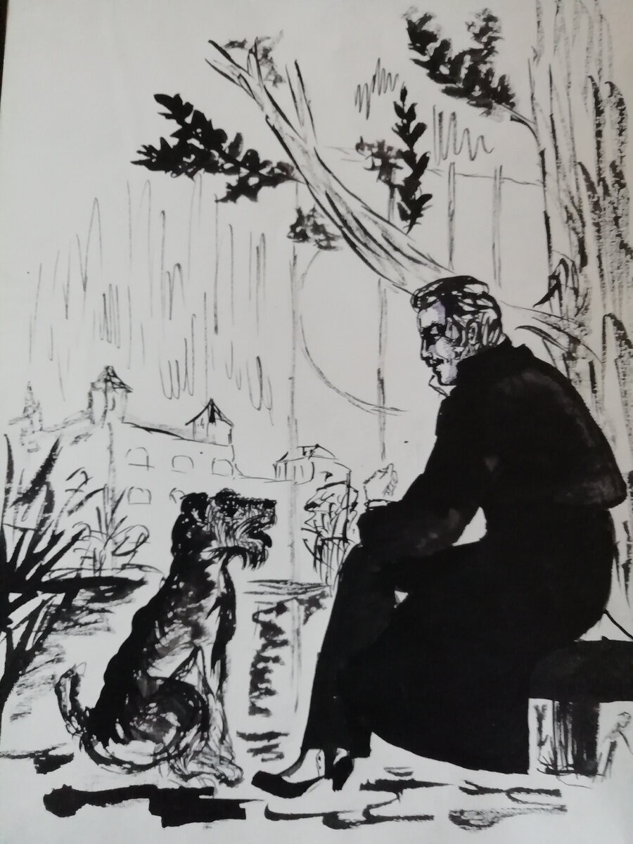 Это - доктор Ватсон общается со своим терьером. Чёрная гуашь и гелевая ручка по бумаге - не по картону.