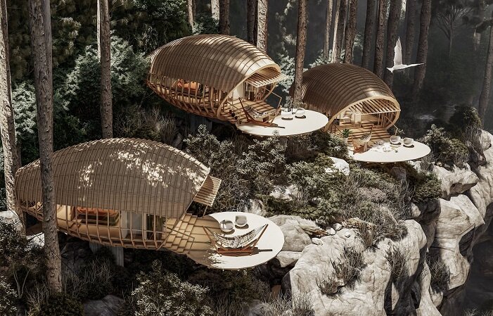 Концепт отеля с номерами коконами Cabins On The Mountain