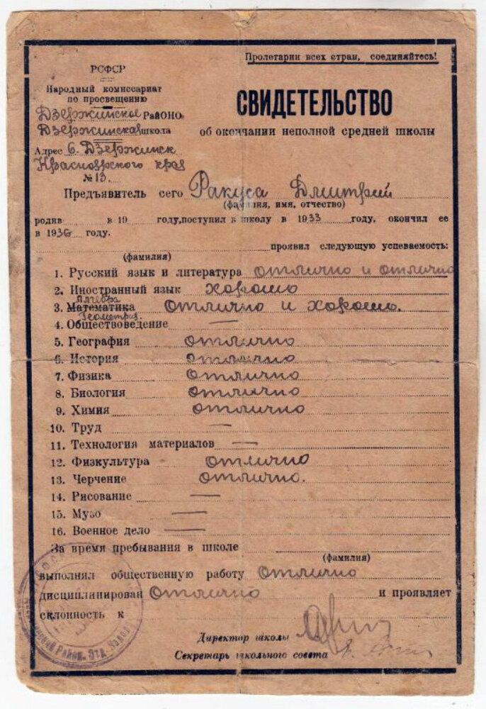 Свидетельство об окончании неполной Дзержинской средней школы Ракуса Дмитрия. 1936. Источник: goskatalog.ru