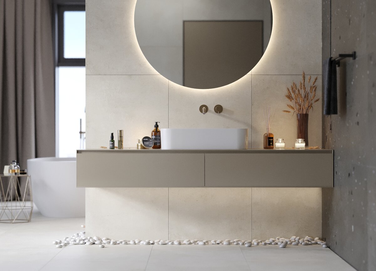 Керамогранит с фактурой бетона из коллекции Fabrika в сочетании с керамогранитом под  цемент с вкраплениями камней из коллекции Etagi от KERRANOVA 