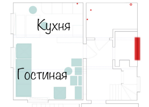 Так было до переделки. Чертеж с сайта программы программы peredelka.tv На месте красного прямоугольника должно было быть окно. Красными точками обозначены "мокрые зоны"