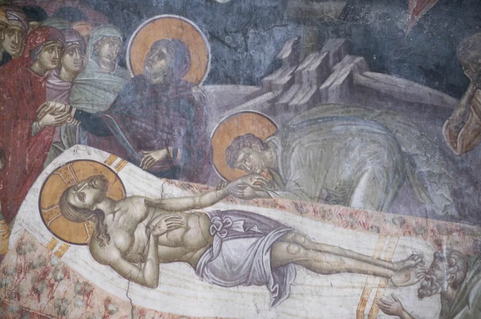 Оплакивание Господа Иисуса Христа. Византийская фреска ХIV века, монастырь Успения Пресвятой Богородицы, Грачаница. Читайте и слушайте книги преподобного Паисия Святогорца (1924-1994). Ссылки внизу