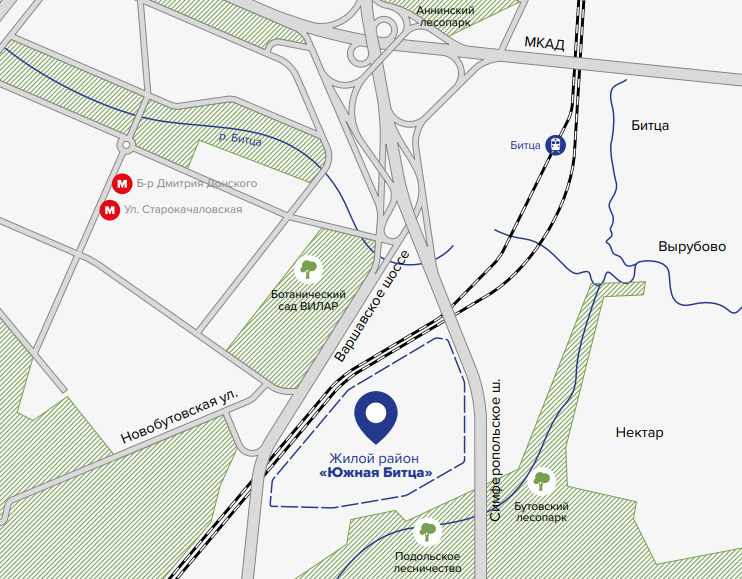 Еще рядом с кварталом Южная Битца находится станция Бутово МЦД-2. По маршруту ходят скоростные электрички, поэтому путь до центра Москвы займет около 40 минут