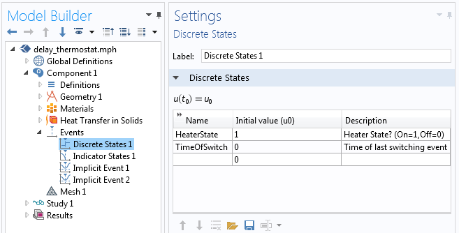 Узел Дискретные состояния (Discrete States), который определяет два состояния нагревателя.