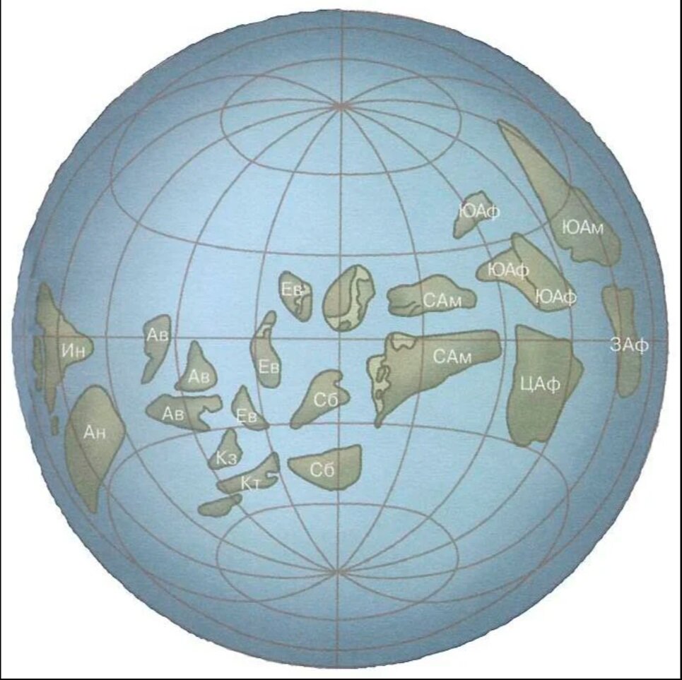 Распад Моногеи (Кенорленда) после 2,3 млрд лет назад, и соотнесенность обломков Моногеи с современными континентами. Источник - http://www.garshin.ru/evolution/biology/paleontology/geochronology.html