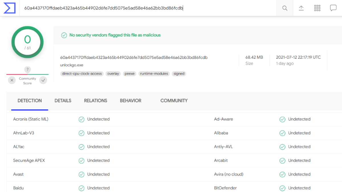 Результаты сканирования программы посредством сервиса VirusTotal | во время работы утилиты, антивирус рекомендуется отключать.