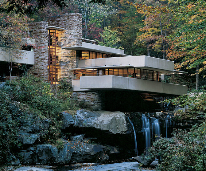 «Дом над водопадом» («Fallingwater»), архитектор Фрэнк Ллойд Райт (Frank Lloyd Wright). 1935-1939 гг.