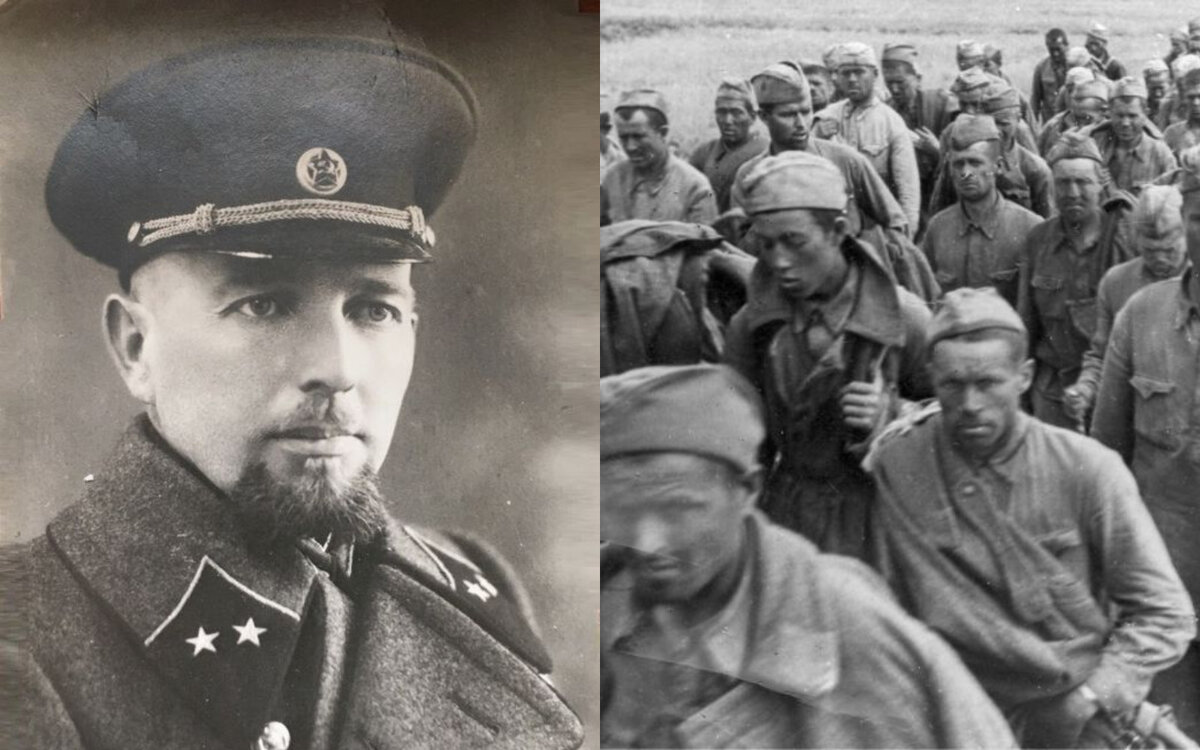 Слева — генерал-майор Александр Васильевич Бондовский. Справа — советские военнопленные, 1942 год. 