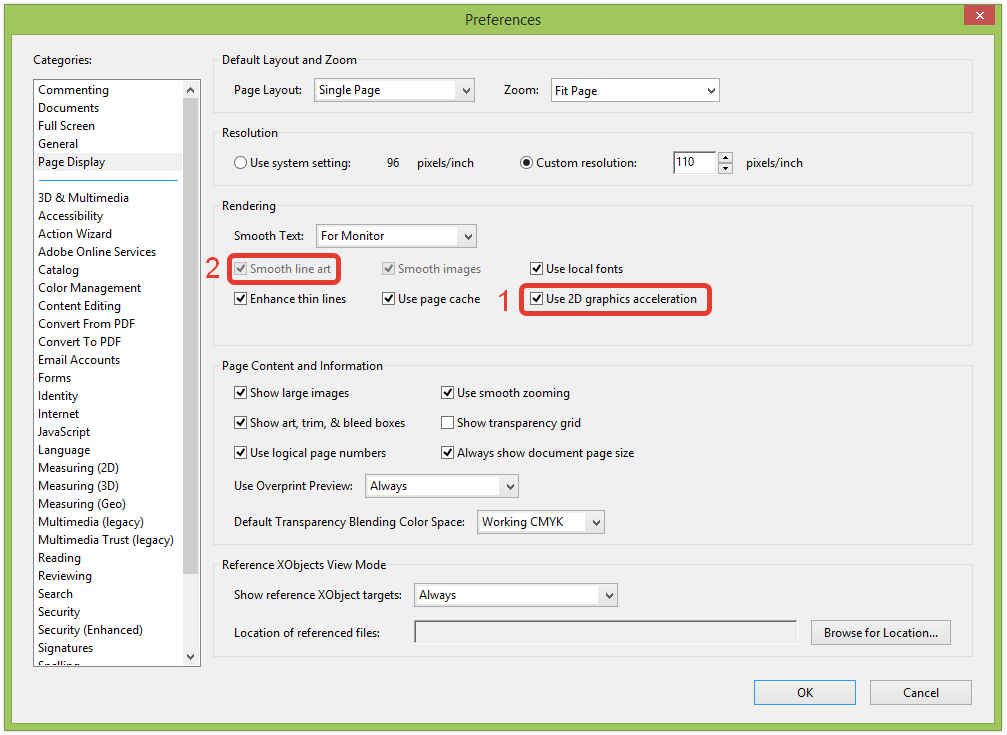 Иллюстрация 2. Деактивация в Adobe Acrobat настройки Smooth line art для выявления проблемы с отображением белых рамок