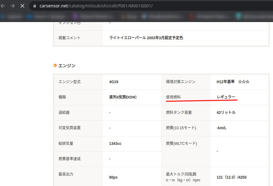 Тип бензина с японского сайта на японском (сайт www.carsensor.net/catalog/mitsubishi/colt/F001/M001G001/)