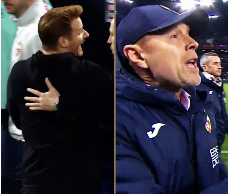 Гильермо Абаскаль кричит Владимиру Федотову, что игроки ЦСКА играют нечестно. Тренер армейцев предлагает отправиться Абаскплю домой. Скриншот с видео "Матч ТВ"