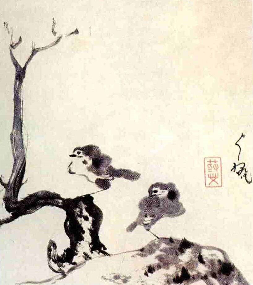 Нежная иллюстрация: “Птицы на ветке”, Чжу Да (1625-1705), тушь, краски, шёлк.