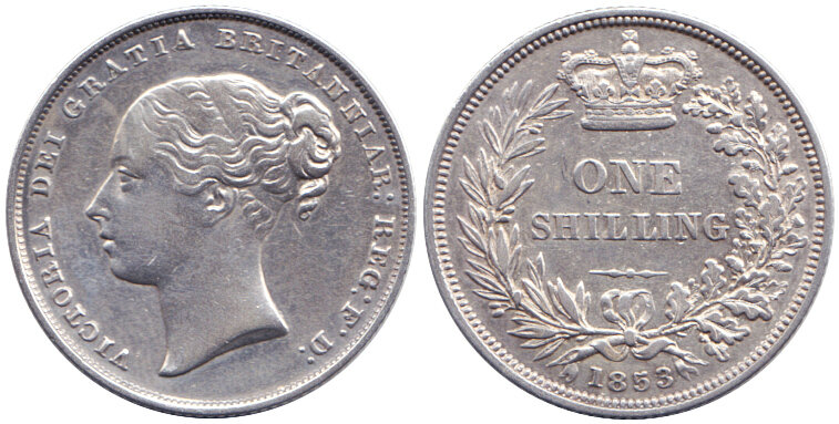 Шиллинг 1853 года. Серебро 925 пробы, вес 5.64 г. На аверсе портрет молодой королевы Виктории. 