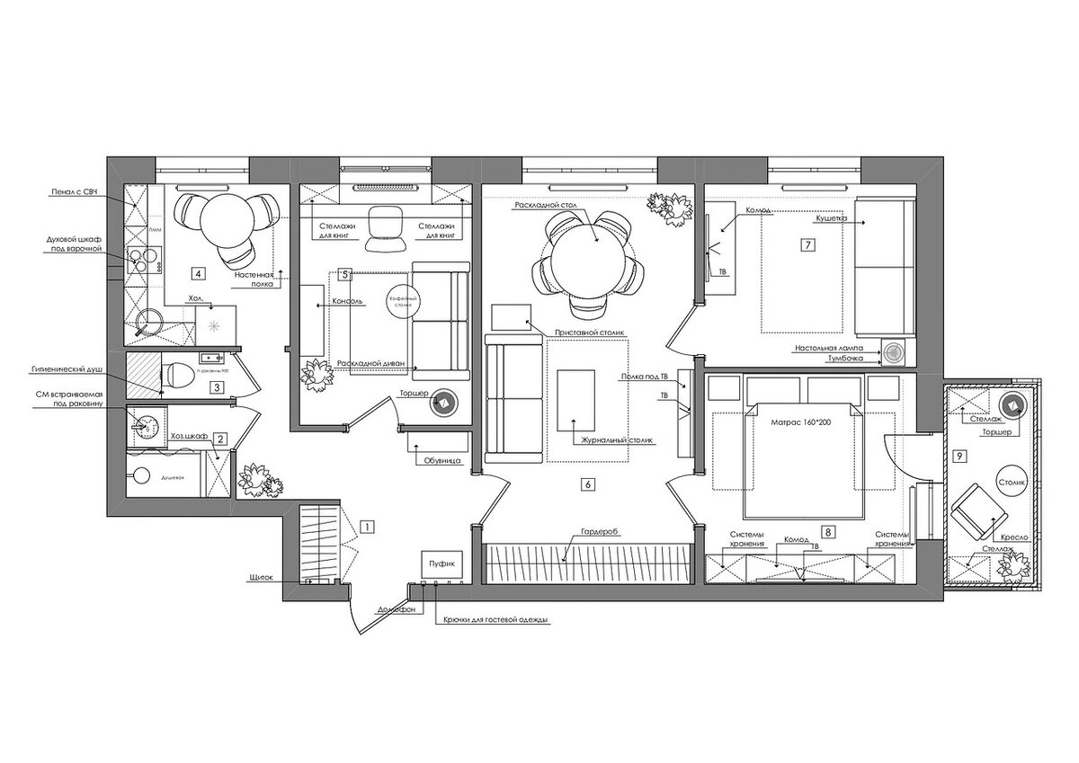 Исходную планировку решили не менять. Большую комнату определили под гостиную, а в помещениях поменьше обустроили спальню, гостевую и кабинет. Бюджет закладывали ограниченный, поэтому многое из мебели купили в ИКЕА.