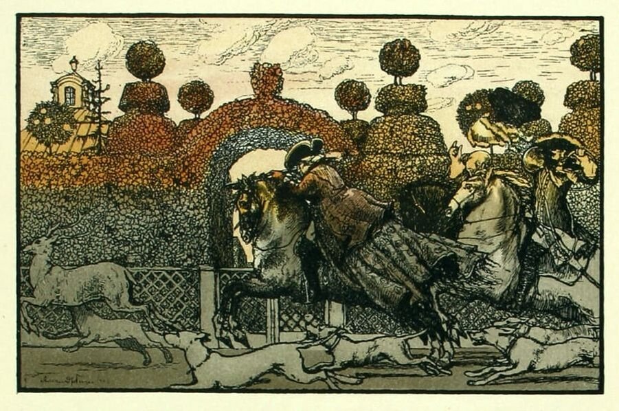 Александр Бенуа. «Императрица Анна Иоанновна верхом преследует оленя в сопровождении свиты в Петергофском Зверинце»