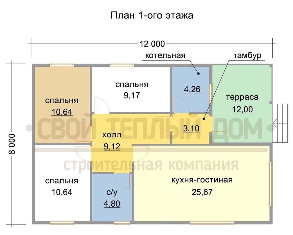 Проект одноэтажного дома: 96 кв.м., 3 спальни, кухня-гостиная, с/у и  котельная | СвойТеплыйДом | Дзен