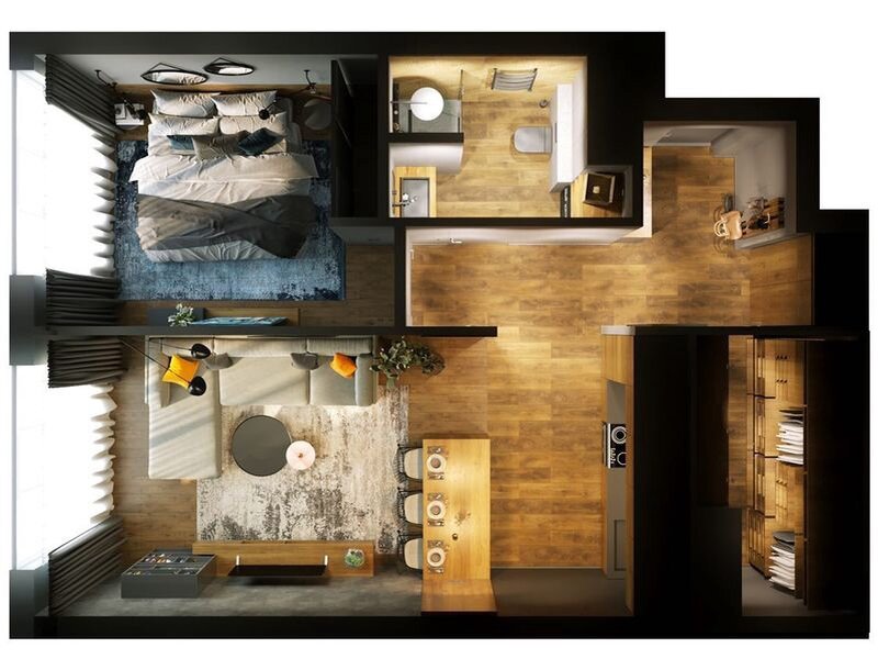 Планировку разрабатывали с учётом пожеланий заказчиков — им требовались изолированная спальня и большая кухня-гостиная для отдыха и встреч с друзьями. Чтобы не заставлять квартиру шкафами, сформировали отдельную гардеробную.