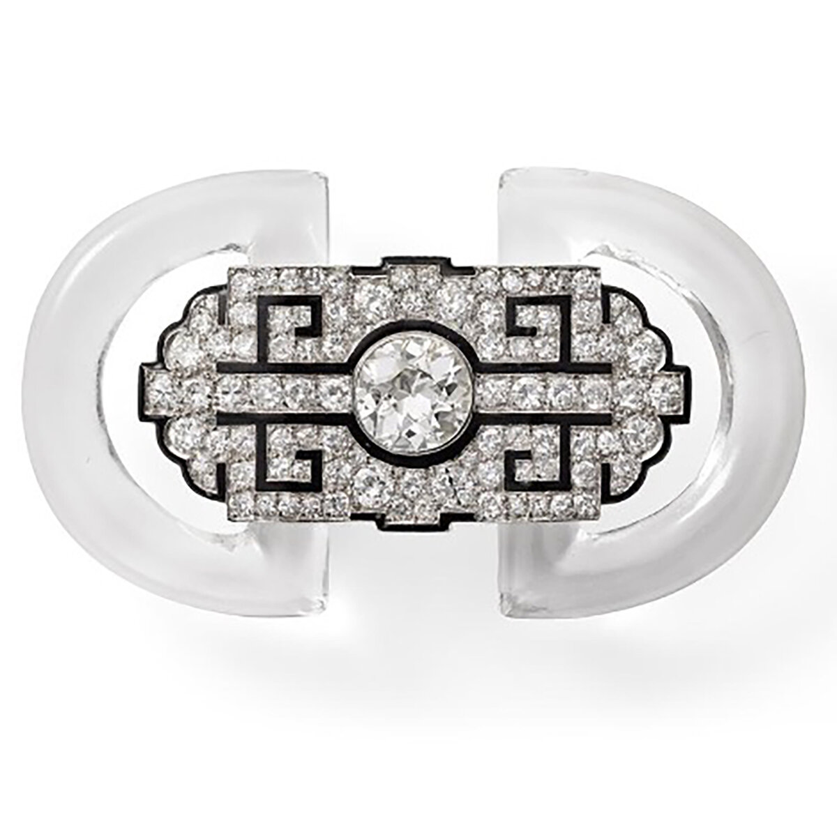 Брошь от Cartier, Нью-Йорк, 1926 год. Платина, белое золото, круглые бриллианты старой и одиночной огранки, горный хрусталь, черная эмаль.