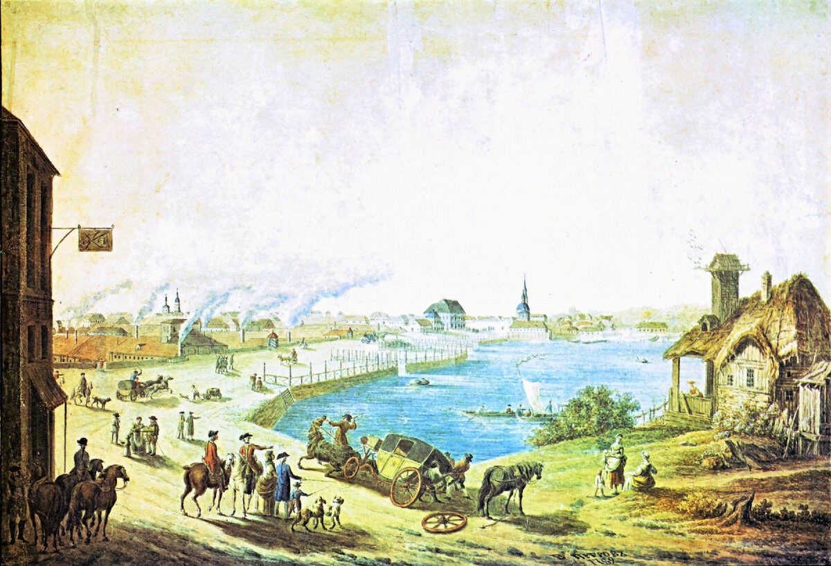 В. Петров, «Екатеринбург» 1789 год акварель, слева предположительно дом Раздеришина, плотина и Главный проспект. 