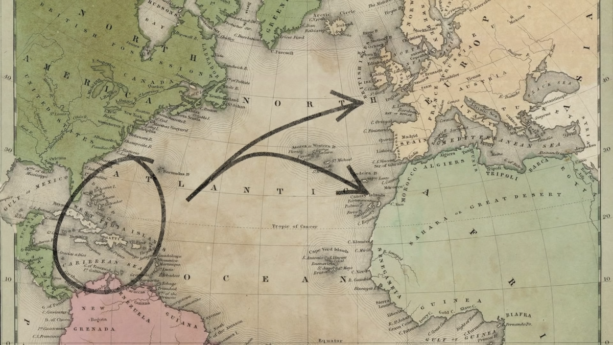 Карибское море обозначено кругом