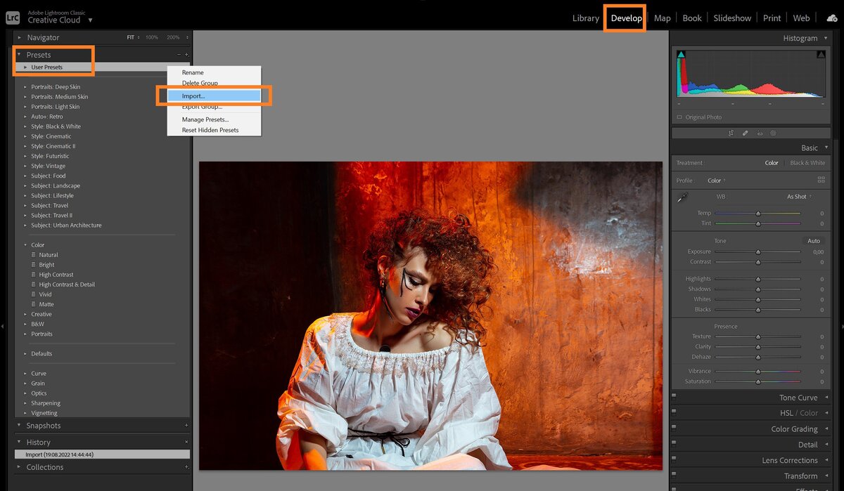    Кликните правой кнопкой мыши по папке Пользовательские настройки/User Presets/Иллюстрация: Елизавета Чечевица, Фотосклад.Эксперт