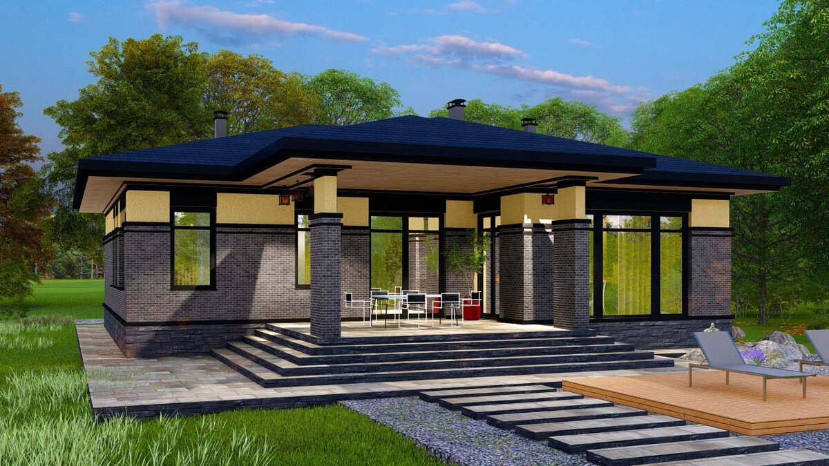 Отделка дома - очень простая, несмотря на эффектную внешность. Цоколь отделан камнем, низ стен - клинкерная плитка "под кирпич", верх - штукатурка. Молдинги - пенополиуретан. 