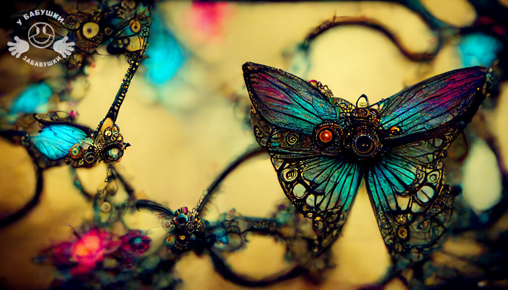 Живая бабочка в механических путах (сгенерировано Midjourney)