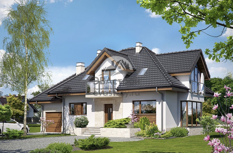 Проект дома 189 м2 из кирпича с одноместным гаражом, балконом и террасой - LG-57 