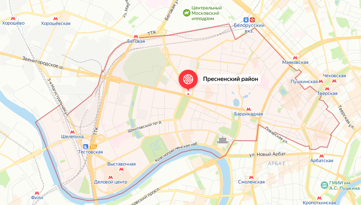 Границы Пресненского района на карте современной Москвы. Яндекс.Карты.