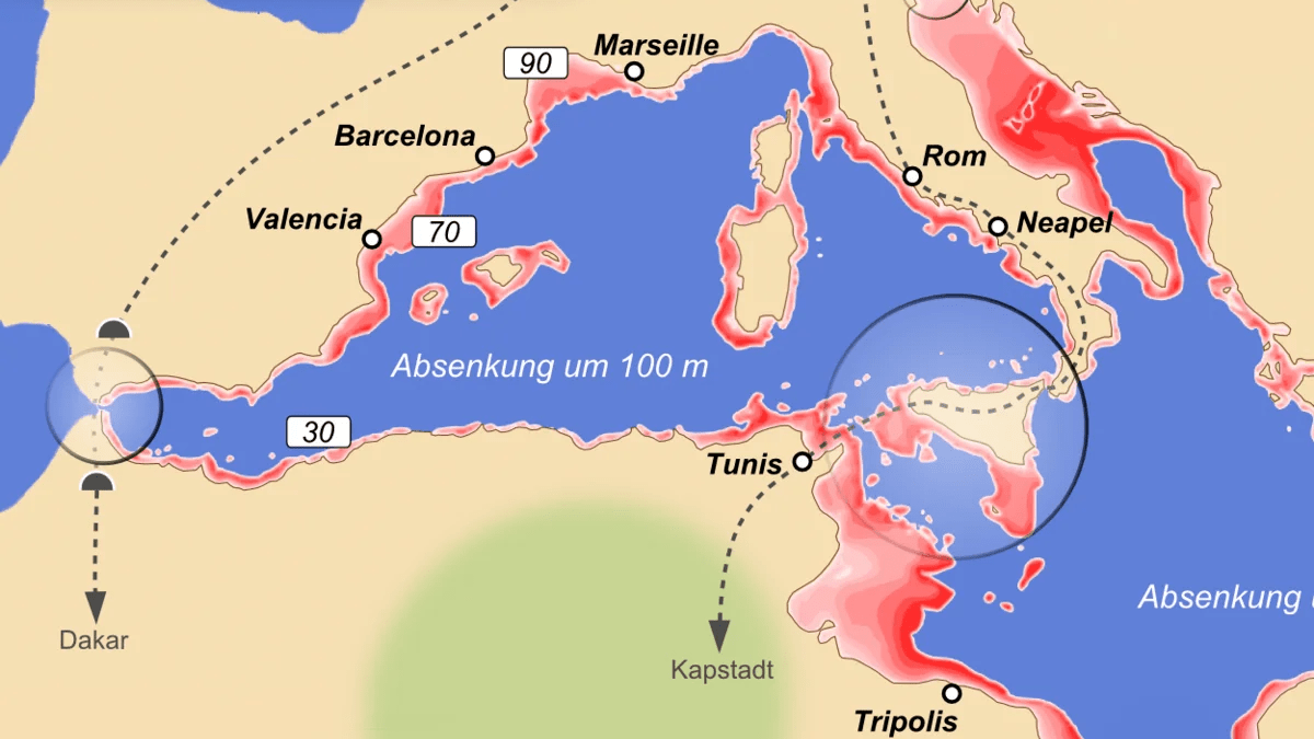 Красным — осушенные части морей, превратившиеся в земли.