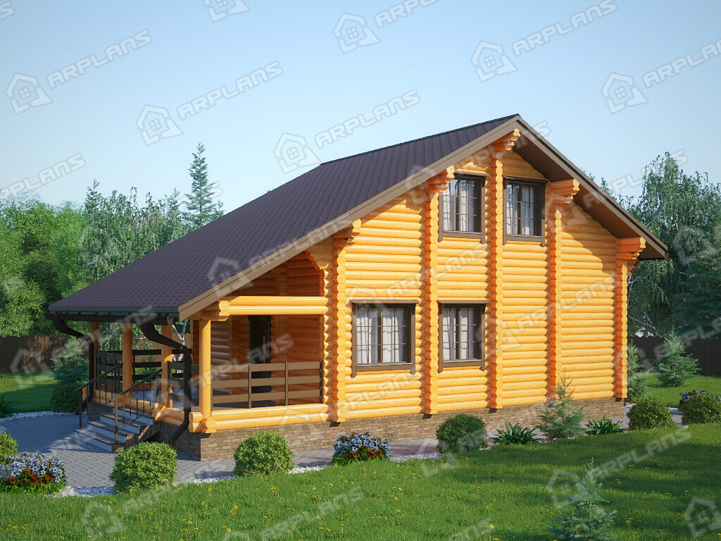 Фото 1 деревянного двухэтажного дома из бревна с мансардой, 2 спальнями и террасой. Общая площадь 117 кв м. Источник arplans.ru Проект ДО-153