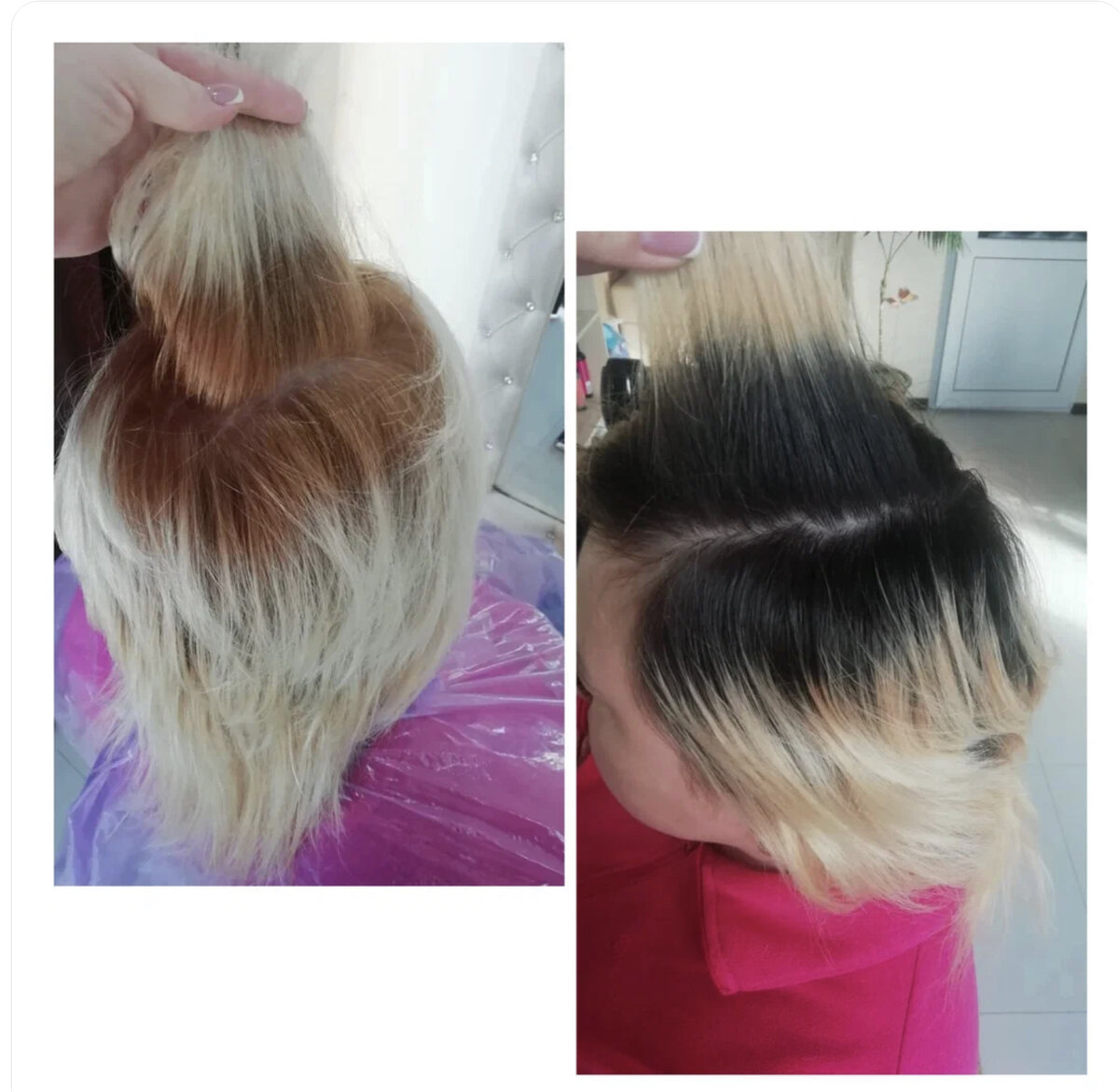 Этими фото поделилась моя ученица курса «Безупречный блонд ». Конечно из безупречного здесь только сочный рыженький в зоне корней ….