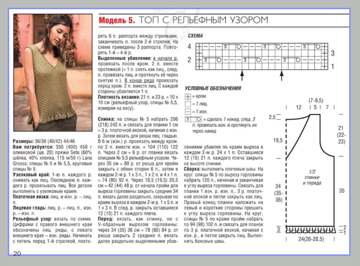 Узор для летнего топа спицами схемы и описание